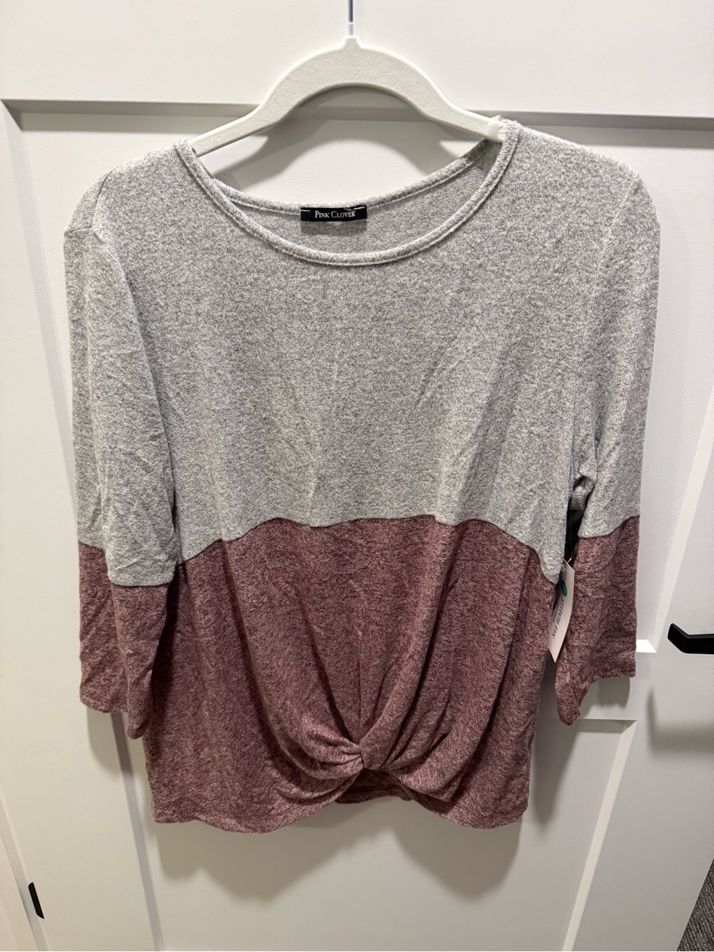 Pink Clover Denver Front Twist Top Colorblock Gray Pink Soft Knit Blouse M NWT